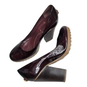 BCBGMAXAZRIA Burgundy Plum Patent Leather Round Toe High Block Heels Pumps Siz 8